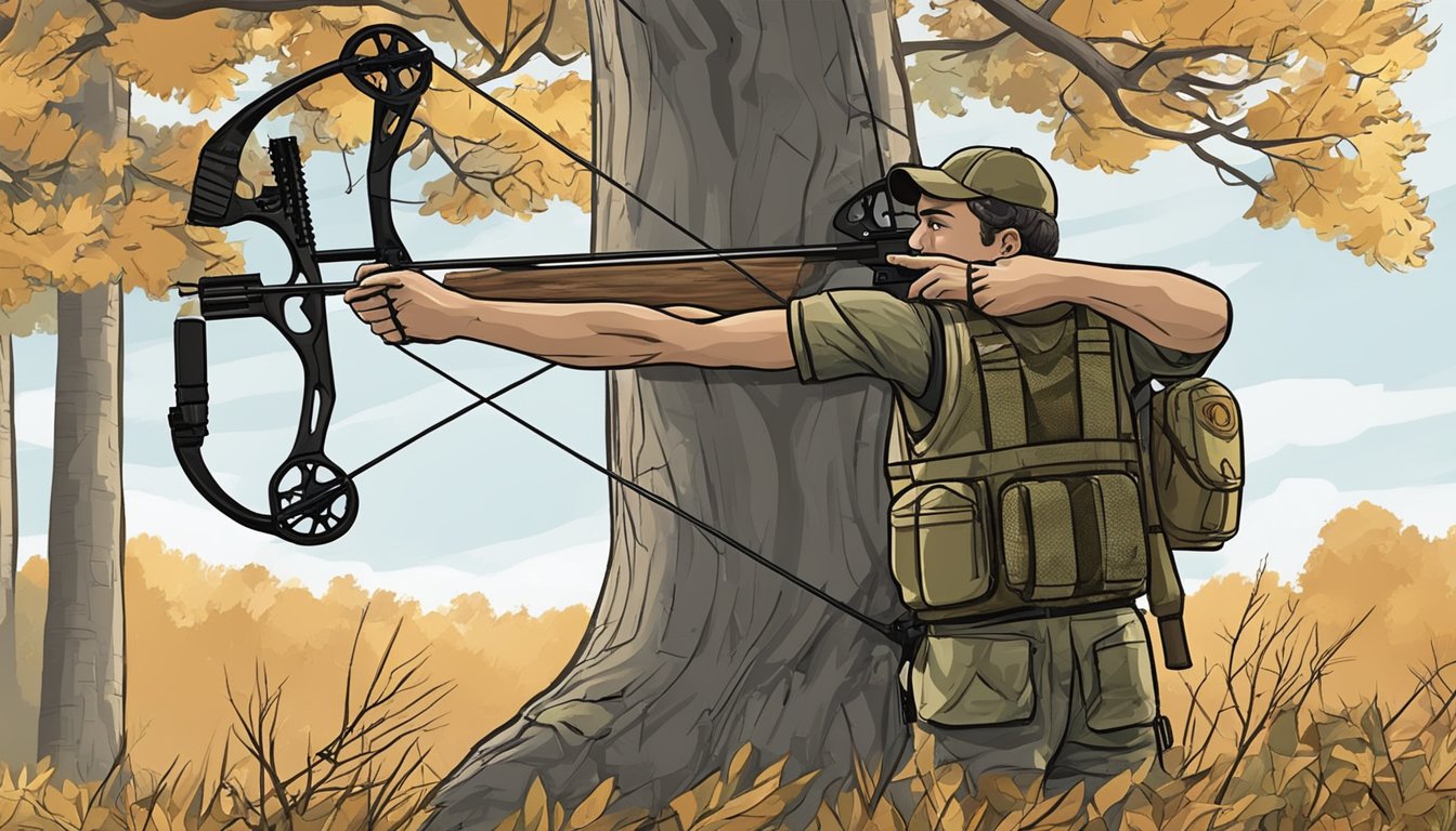 A hunter drawing back a compound bow, camouflaged in a tree stand, waiting for a deer to approach