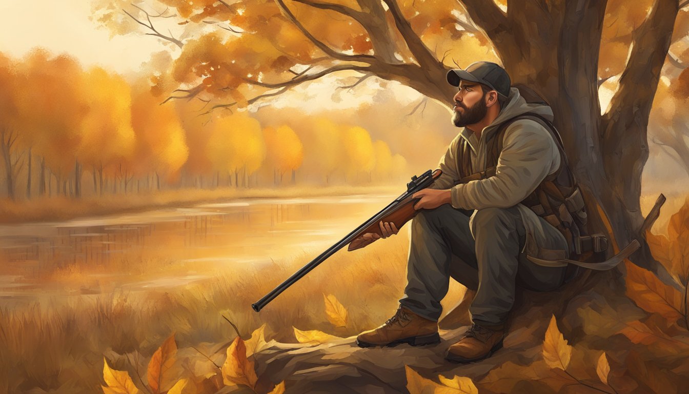 A hunter silently waits in a tree stand, surrounded by the golden hues of autumn. A bow is drawn, ready to strike at the perfect moment