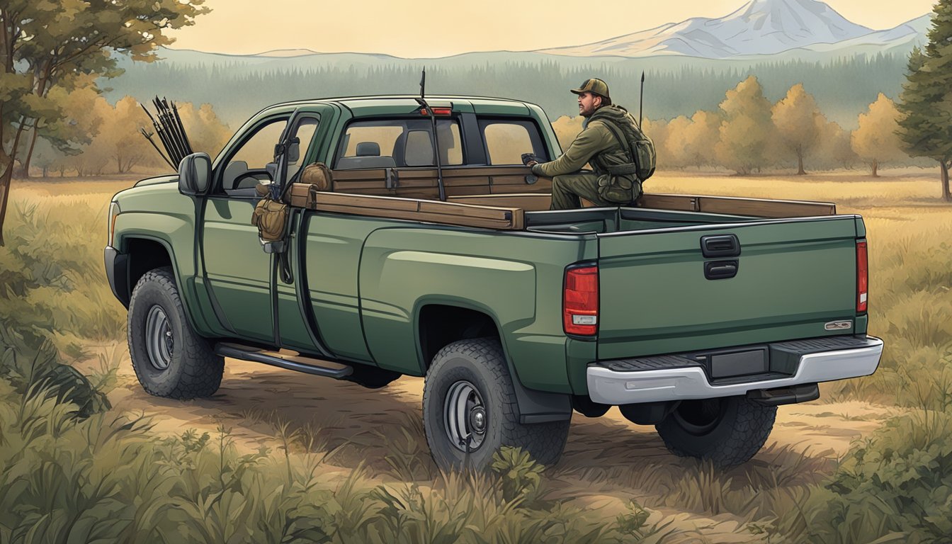 A hunter packing gear into a pickup truck, surrounded by trees and fields, with a bow and arrows leaning against the truck