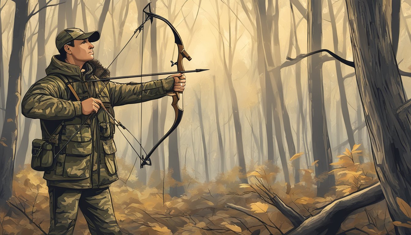 A hunter in camouflage clothing holding a bow and arrow in a wooded area during bow hunting season in Indiana