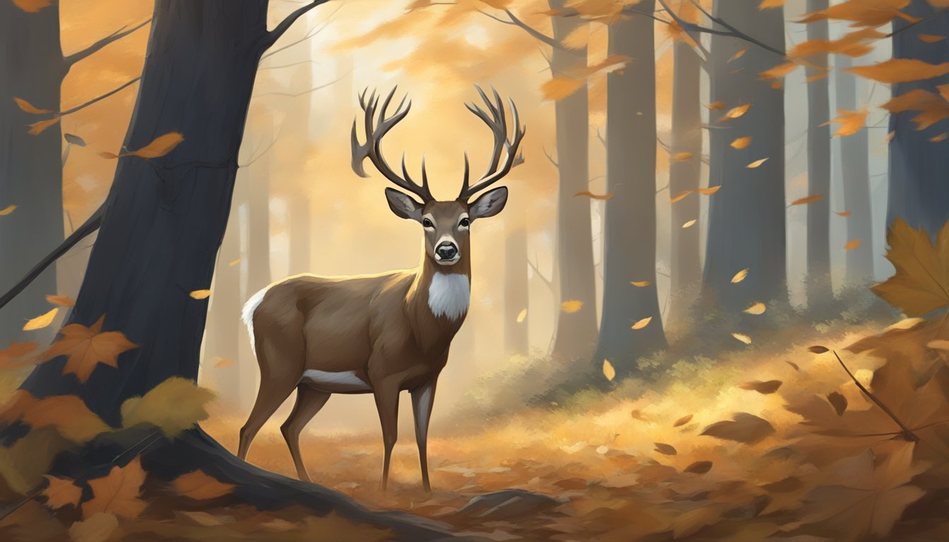 A deer stands alert in a wooded clearing, ears perked, eyes focused. A bow and arrow lie ready nearby, surrounded by fallen leaves