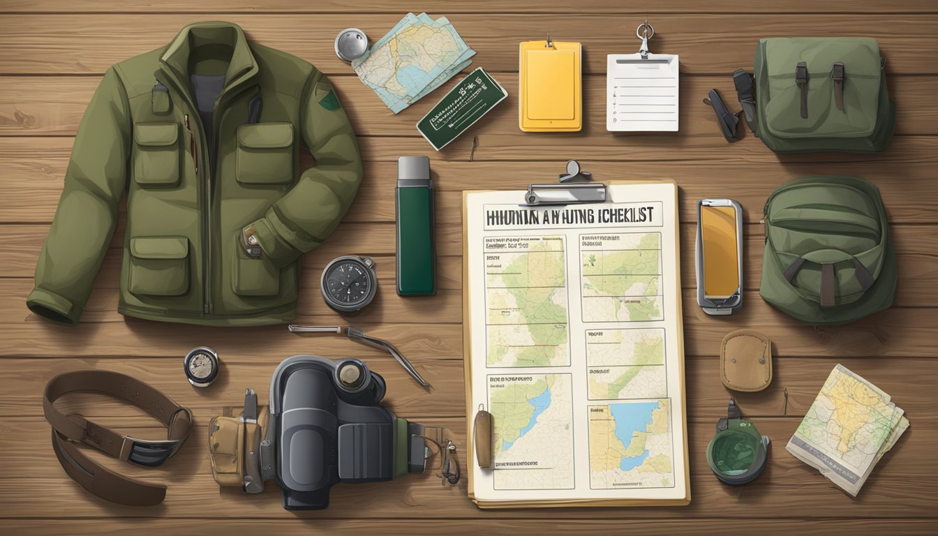 A hunter's checklist and gear laid out on a wooden table, with a map of Indiana and a hunting license