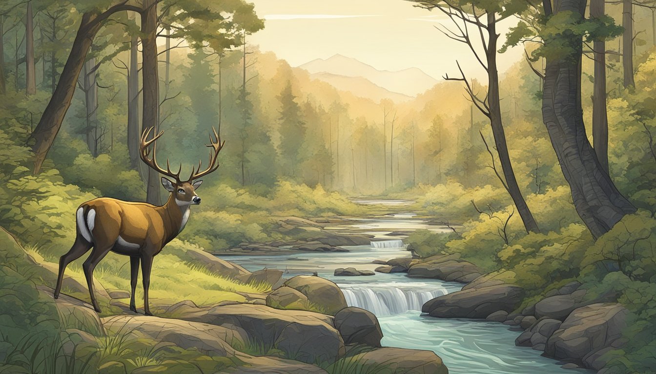 A dense forest with a winding river, deer grazing in the clearing, and a hunter in camouflage drawing back a bow