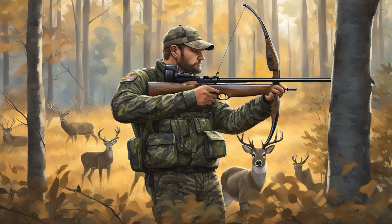 A hunter in camouflage gear aims a bow at a deer in a wooded area during New Jersey's bow hunting season