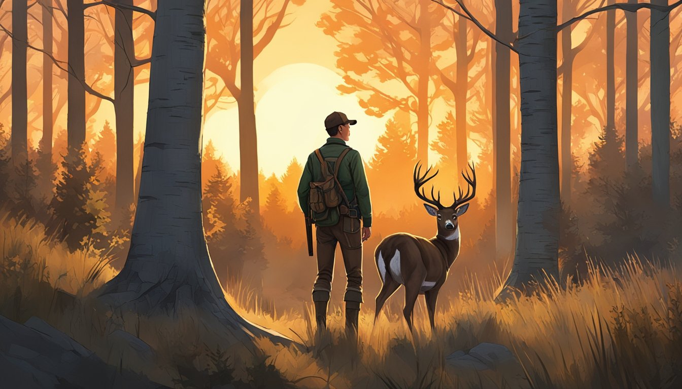 A young hunter stands in a wooded area, bow in hand, as deer graze in the distance. The sun sets behind the trees, casting a warm glow over the scene