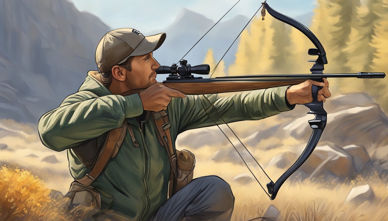 A hunter drawing a bow, aiming at a deer in the Nevada wilderness