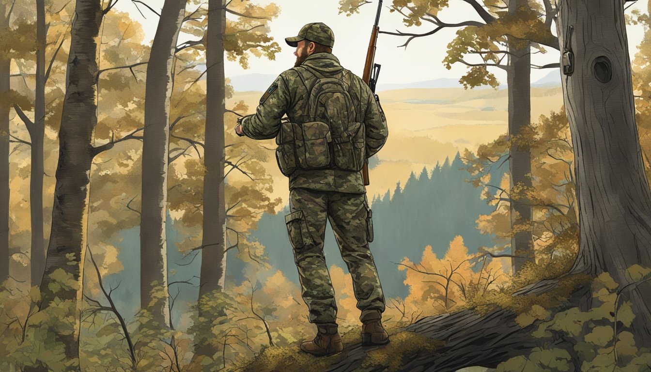 A hunter in camouflage waits in a tree stand overlooking a wooded area. Deer graze peacefully, unaware of the impending hunt