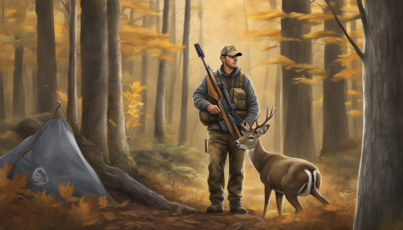 A bow hunter in the New Jersey woods with a harvested deer and a bag limit sign