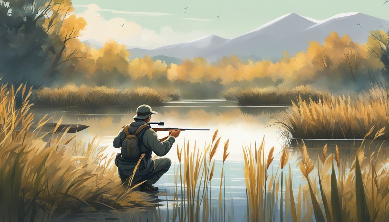 A hunter crouches in the reeds, aiming at a flock of waterfowl in a marshy wetland. A small game scurries through the underbrush nearby