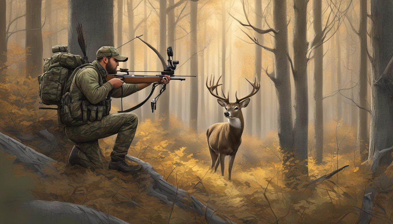 A hunter in camouflage waits in a tree stand, arrows and bow at the ready, as deer cautiously approach a clearing in the dense Kentucky forest