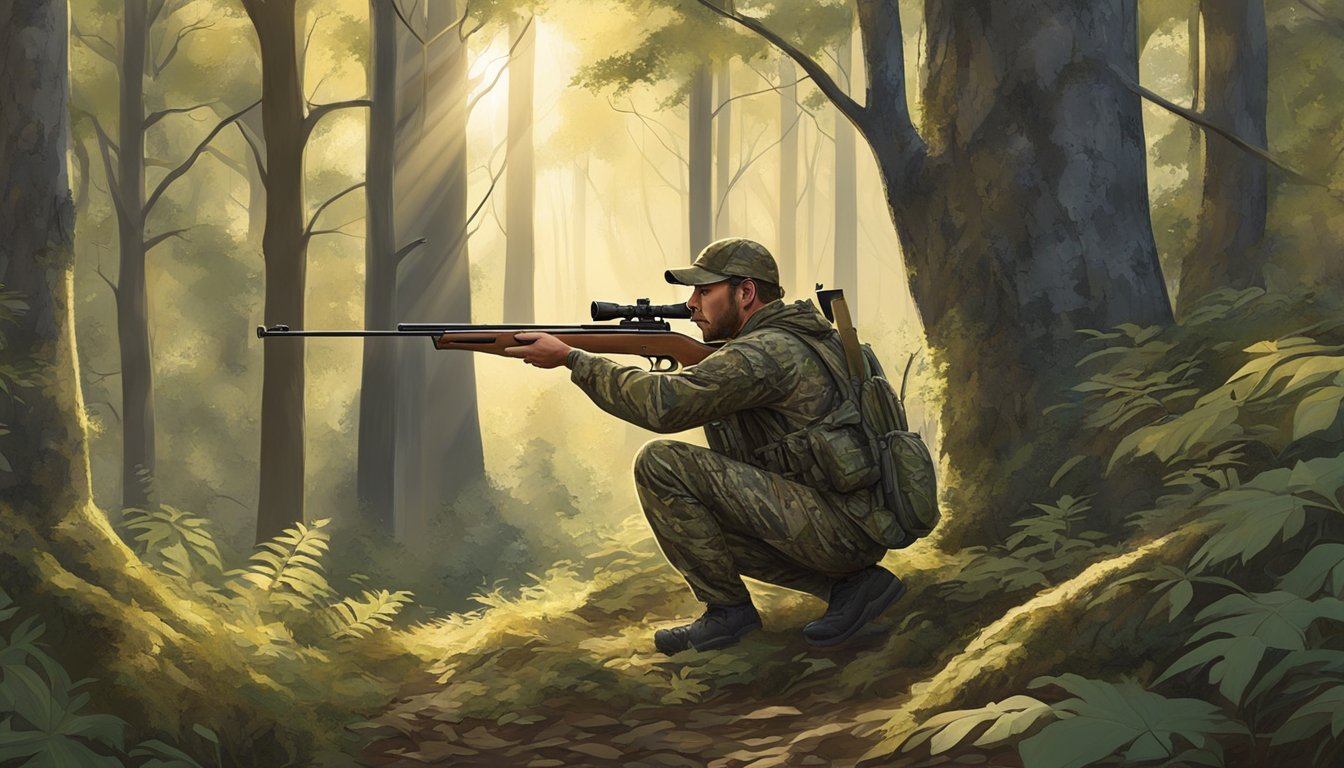 A bow hunter in camouflage gear quietly stalks through a dense forest, carefully scanning the surroundings for potential targets. The early morning sunlight filters through the trees, casting dappled shadows on the forest floor