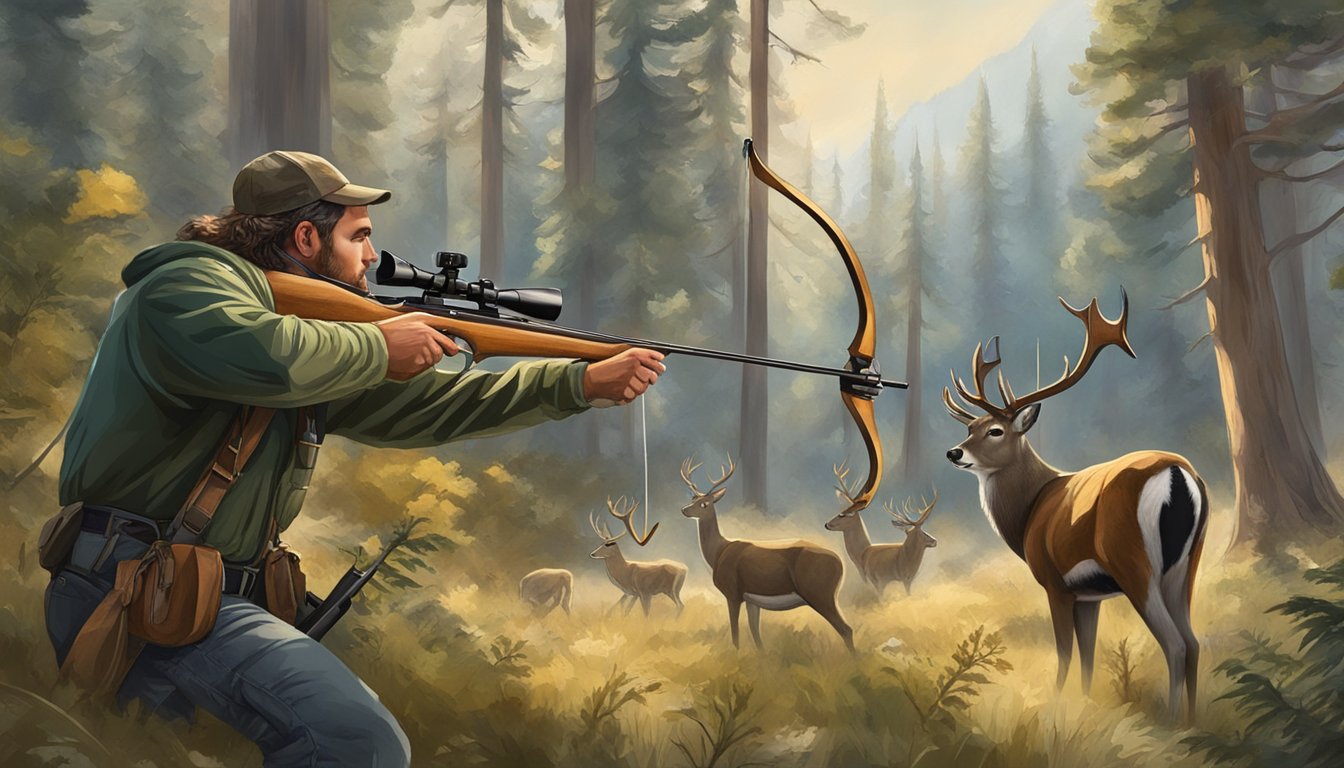 A hunter draws back their bow, aiming at a deer in a Nevada forest clearing, surrounded by other wildlife