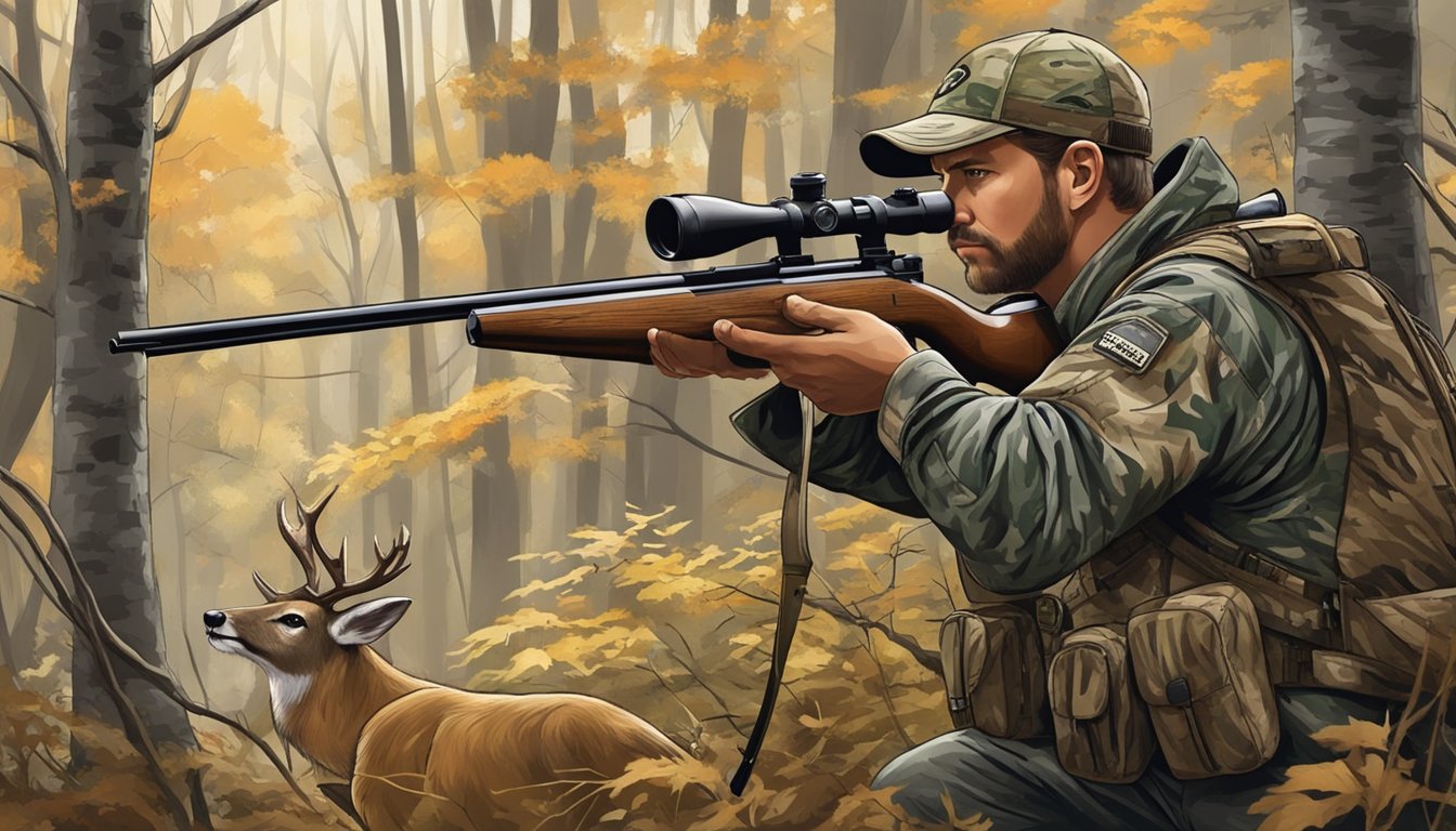 A hunter in camouflage attire draws back a bow, aiming at a deer in a wooded area during Kentucky's bow hunting season