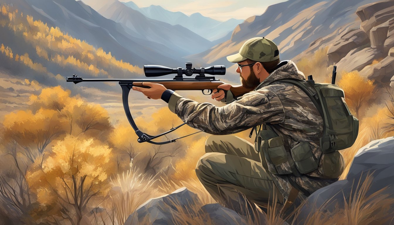 A hunter in camouflage draws a bow, aiming at a deer in the Nevada wilderness during conservation contribution bow hunting season