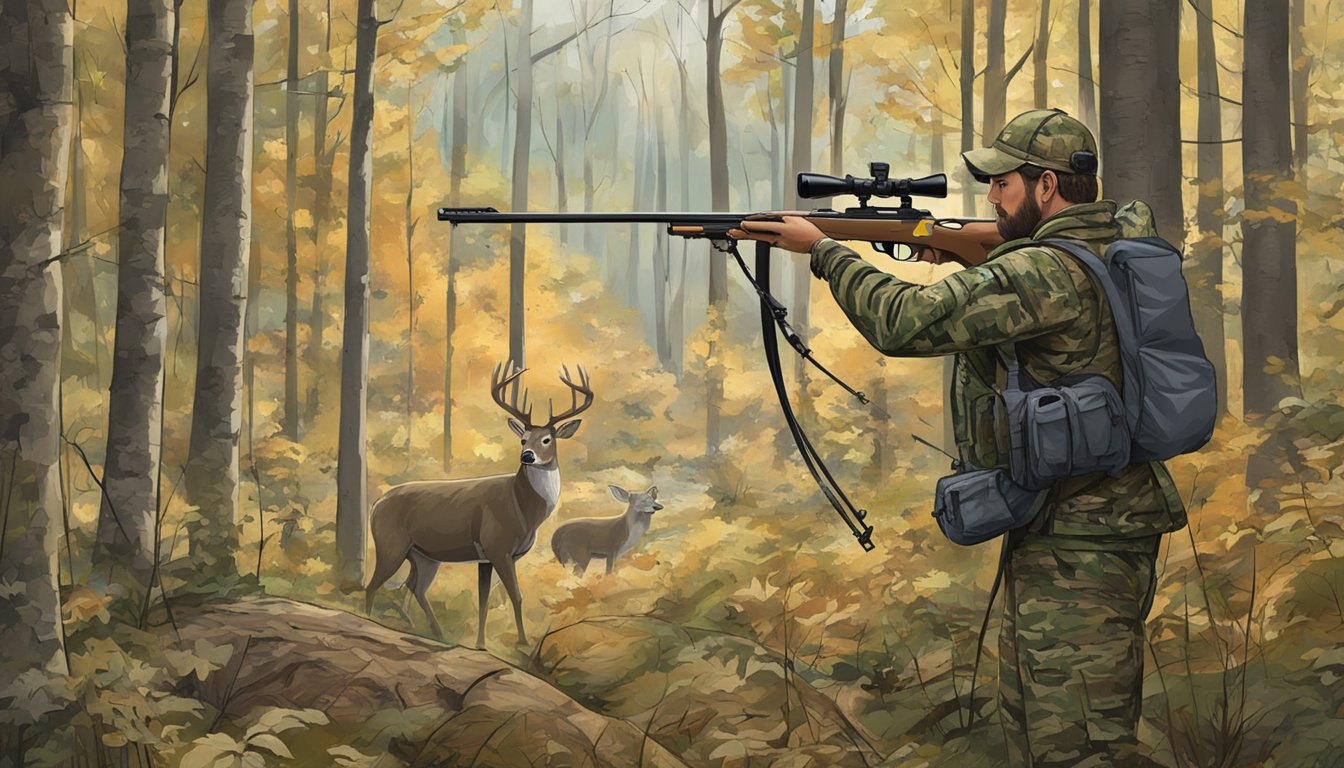 A hunter in camouflage stands in a wooded area, aiming a bow at a deer. A sign nearby displays the legal game and bag limits for bow hunting season in North Carolina