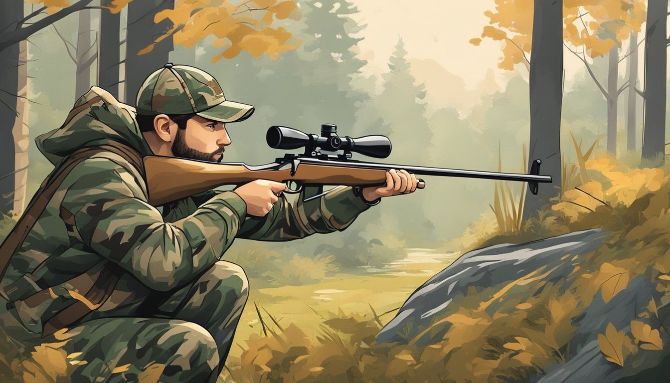 A hunter in camouflage draws a bow, aiming at a deer in a wooded area. A sign nearby reminds of hunting ethics and safety