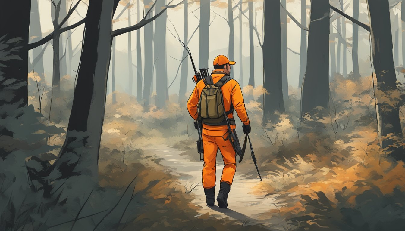 A hunter wearing orange safety gear and carrying a bow walks through a wooded area, following ethical practices during bow hunting season in North Carolina