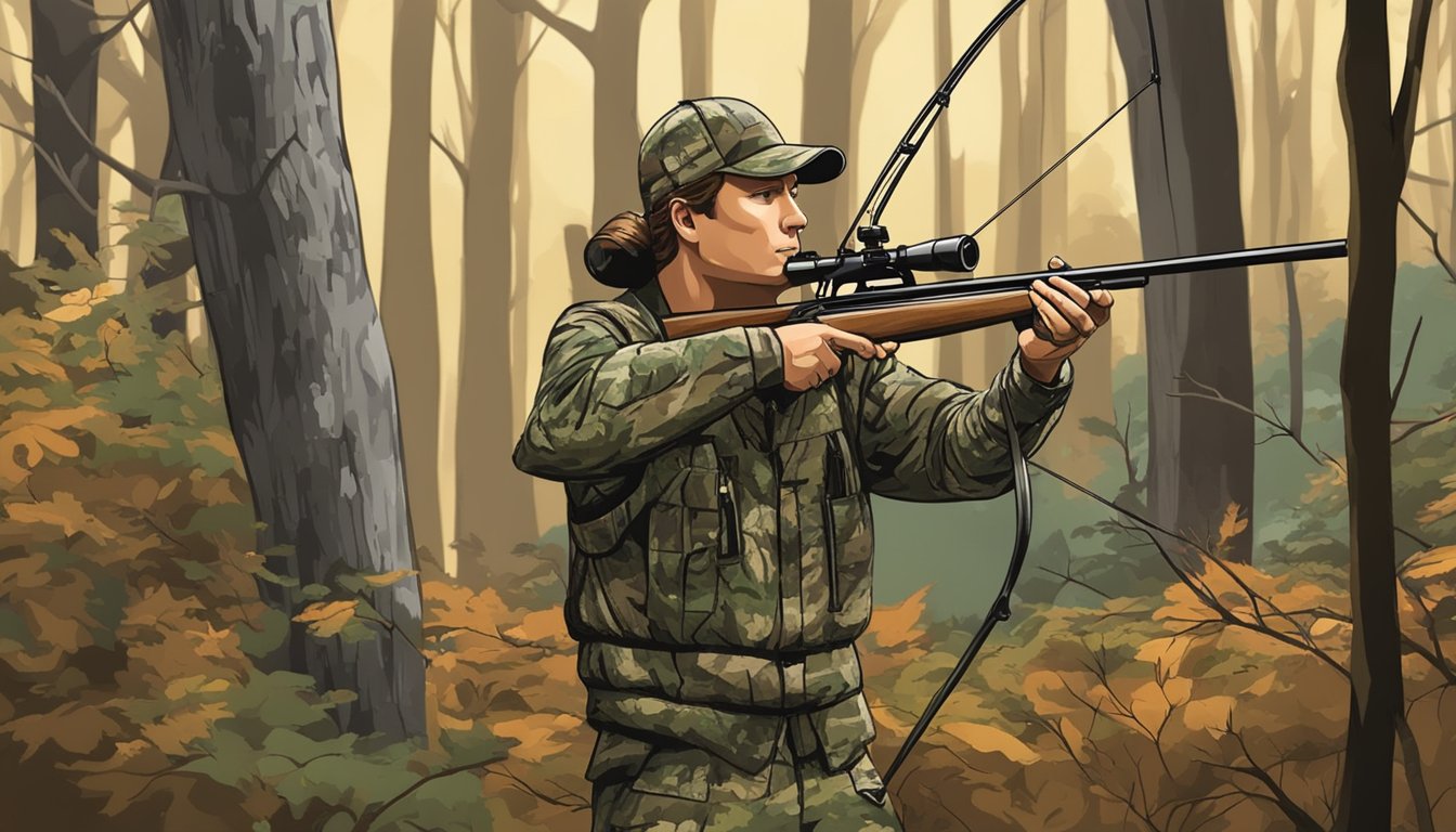 A hunter in camouflage aims a bow at a deer in a wooded Kentucky forest during bow hunting season