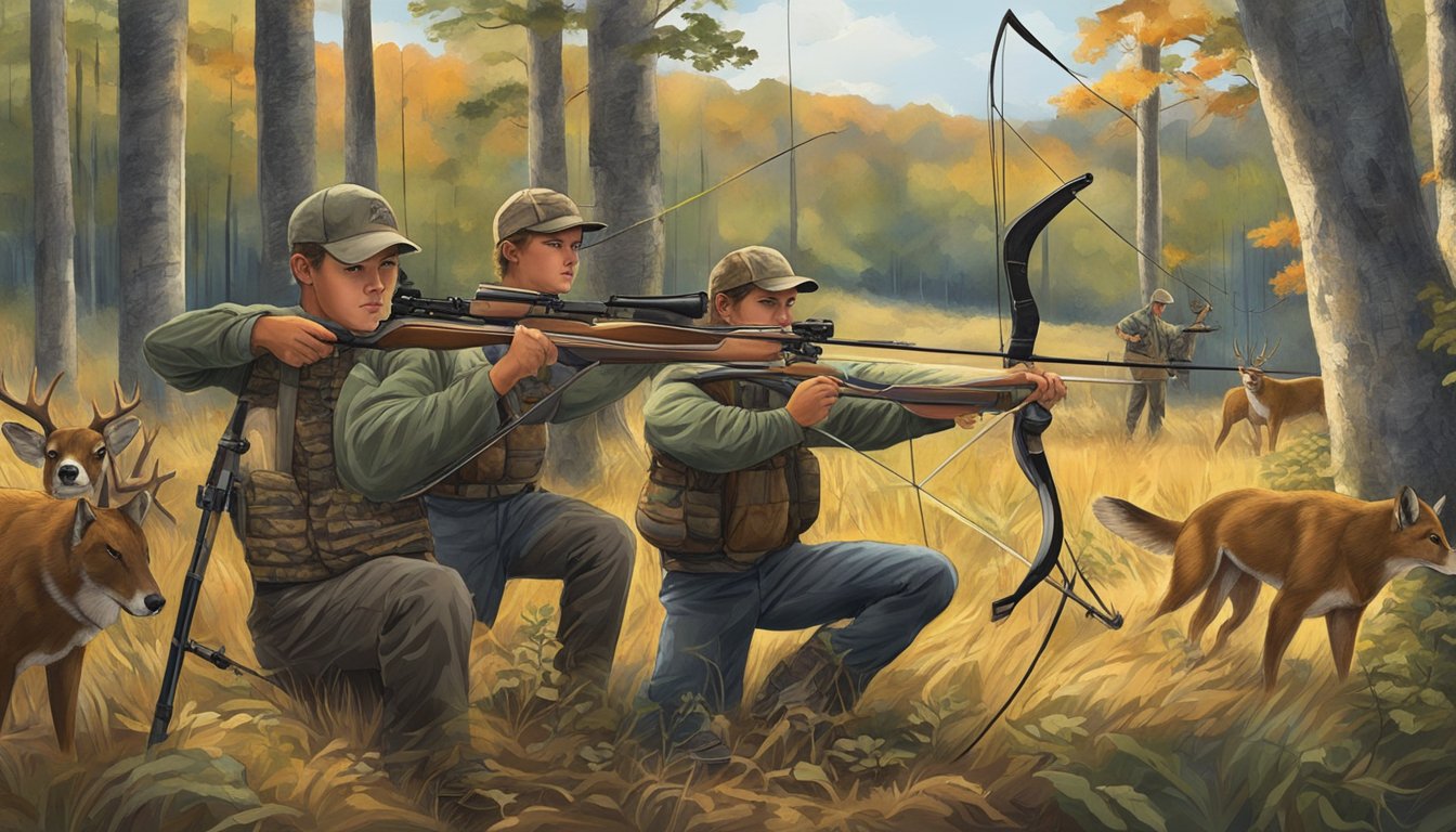 A group of young hunters eagerly prepare their bows in the North Carolina wilderness during bow hunting season, taking advantage of new opportunities for their sport