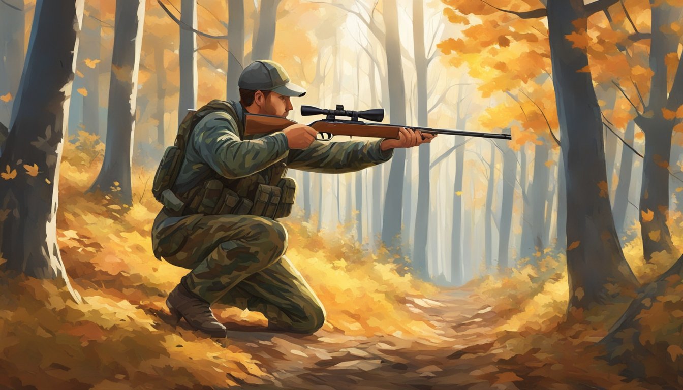 A hunter in camouflage stands in a forest clearing, bow in hand, scanning the trees for prey. The autumn leaves crunch underfoot as the afternoon sun filters through the branches