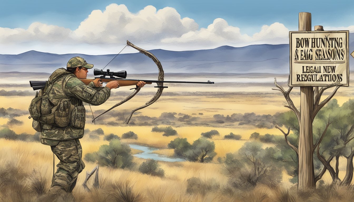 A hunter in camouflage drawing a bow, with a sign displaying "Bow Hunting Season Regulations and Legal Requirements, New Mexico" in the background