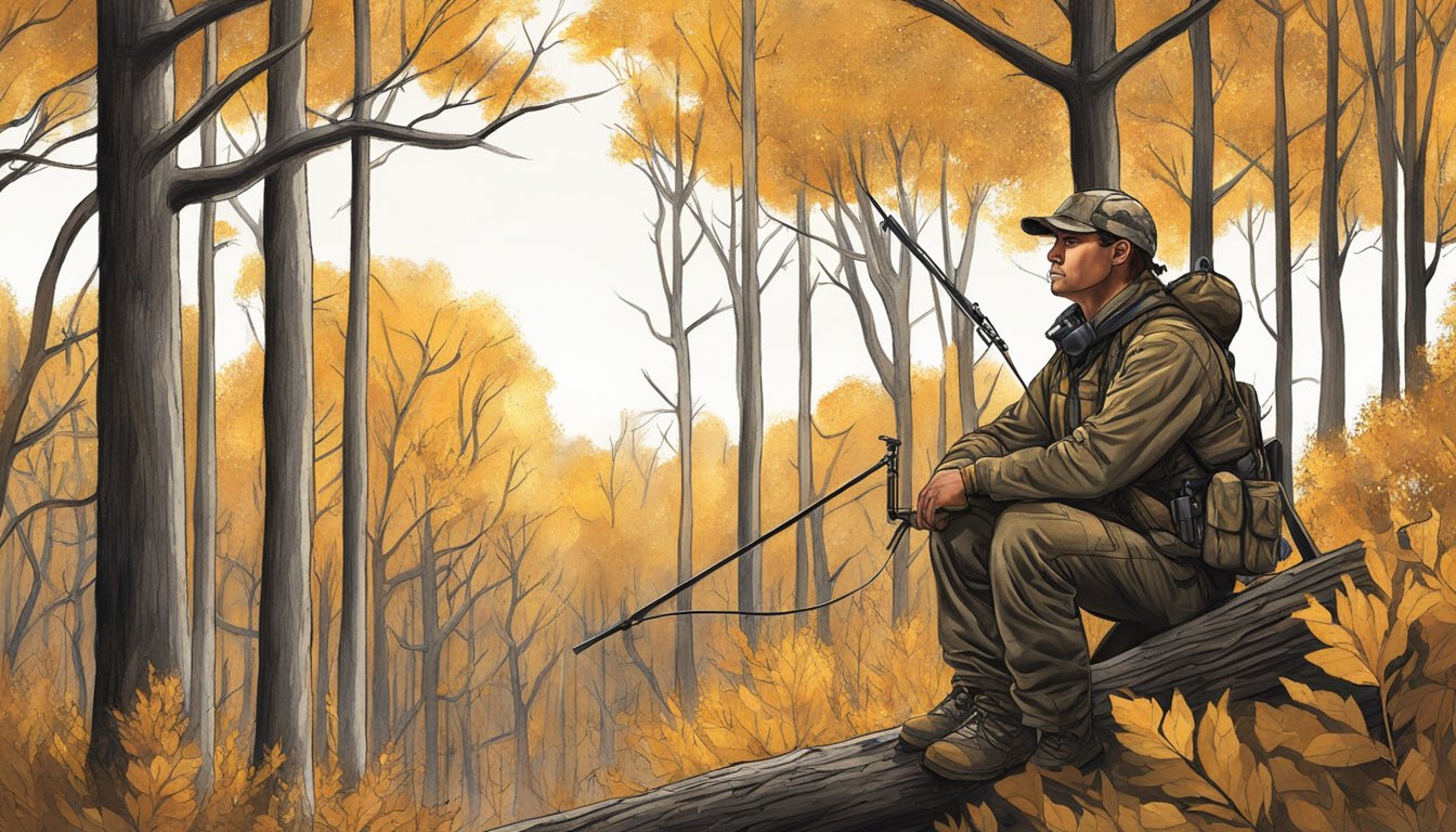 A hunter silently waits in a tree stand, surrounded by the golden hues of the Oklahoma woods during bow hunting season