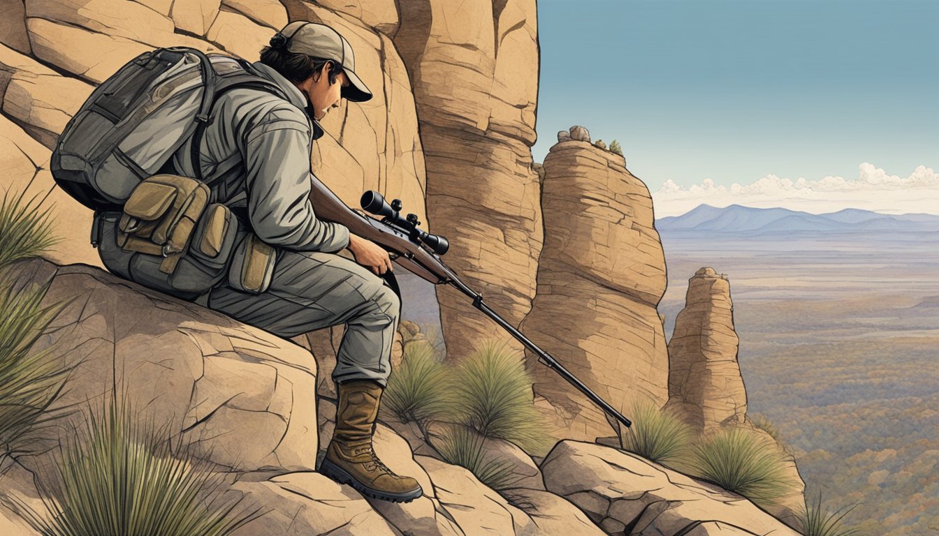 A bow hunter crouches behind a rocky outcrop, carefully scanning the rugged New Mexico landscape for their target species. The hunter remains still and patient, ready to employ their tactics to secure a successful hunt