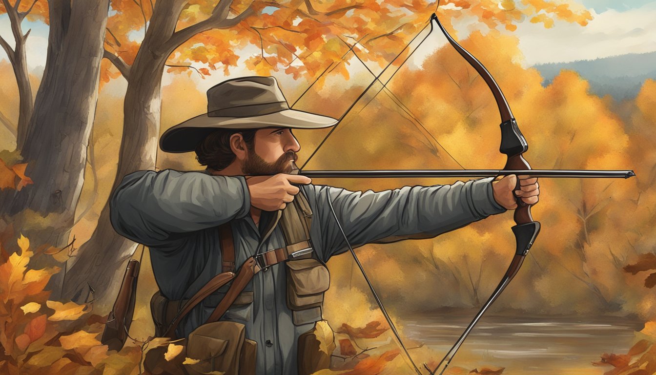 A hunter drawing back a bow, surrounded by autumn foliage and wildlife in Oklahoma