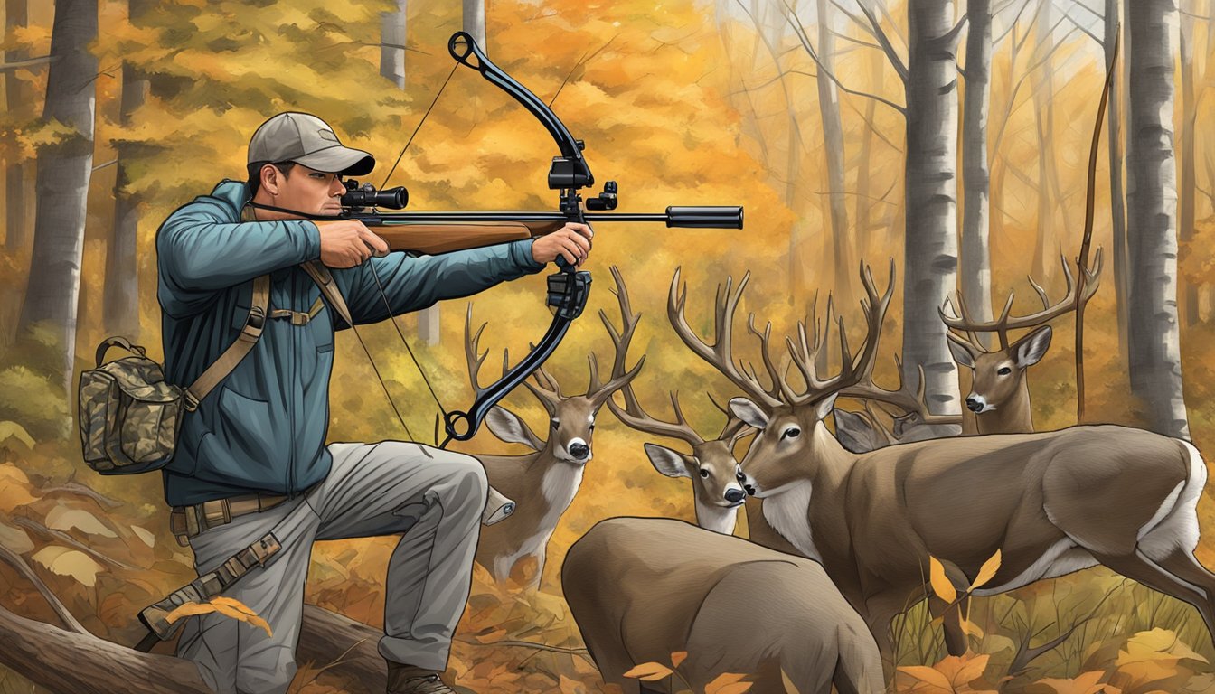 A hunter in Maryland uses a compound bow to silently track and shoot deer during bow hunting season