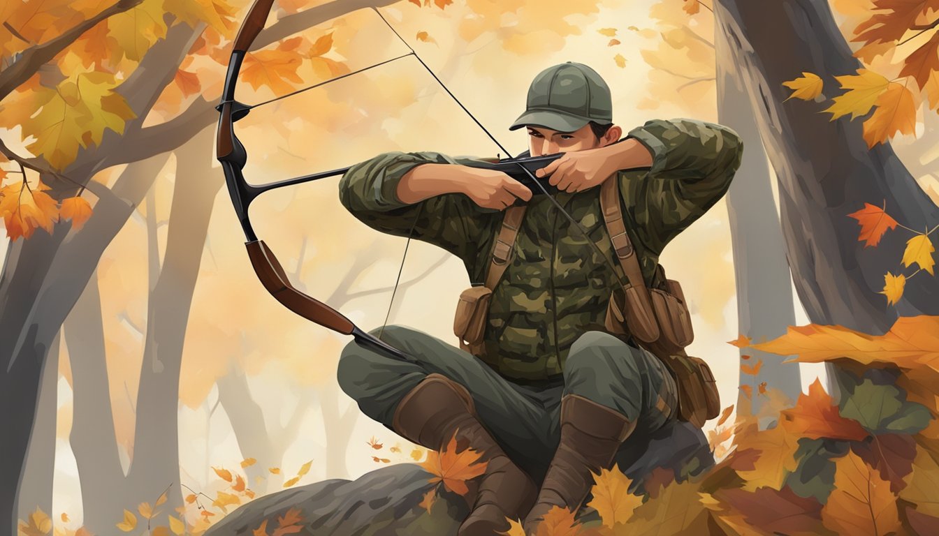 A hunter in camouflage drawing a bow, surrounded by autumn foliage