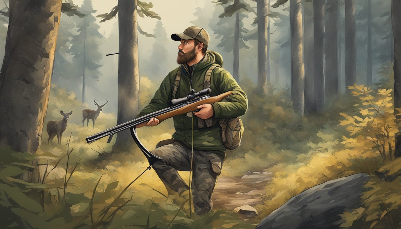 A hunter in camouflage draws back a bow, aiming at a deer in a forest clearing. Signs displaying hunting regulations are posted nearby