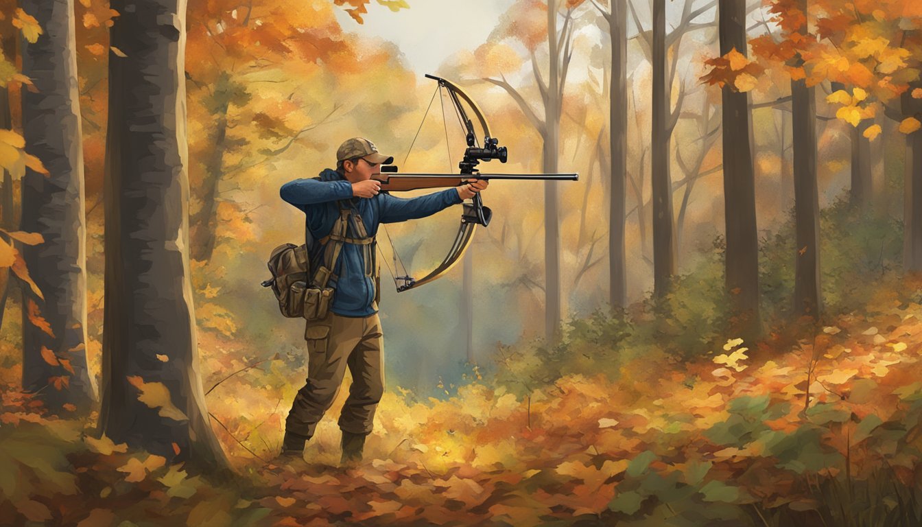 A bow hunter in a Maryland forest, aiming at a target amid autumn foliage