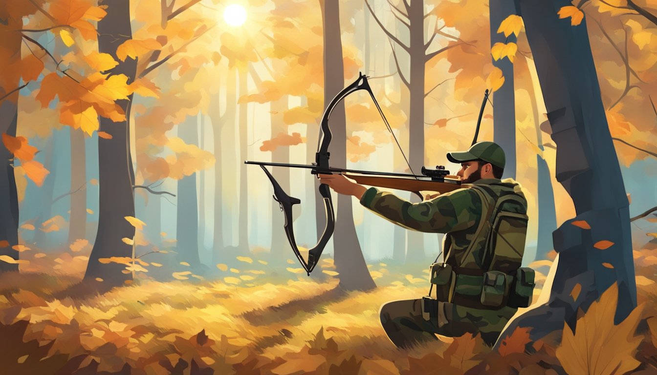 A hunter in camouflage aims a bow at a deer in a forest clearing. The autumn leaves are vibrant, and the sun casts long shadows