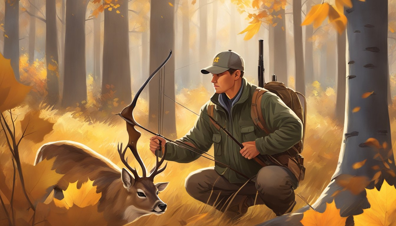 A hunter silently draws a bow, eyes fixed on a deer in the Oklahoma wilderness. The autumn sun casts a warm glow on the golden leaves