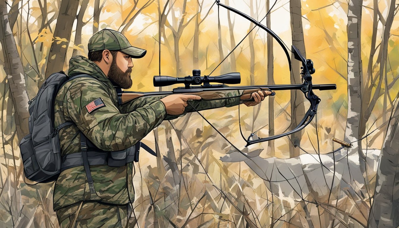 A hunter in camouflage stands in a wooded area, arrow nocked in a compound bow, scanning for deer during North Dakota's bow hunting season