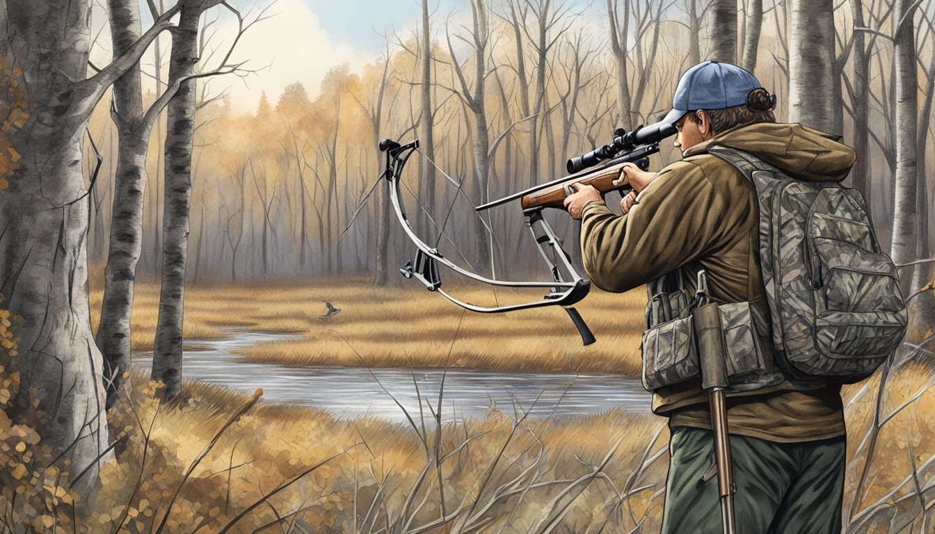 A bow hunter standing in a wooded area, aiming at a deer in the distance during the hunting season in North Dakota