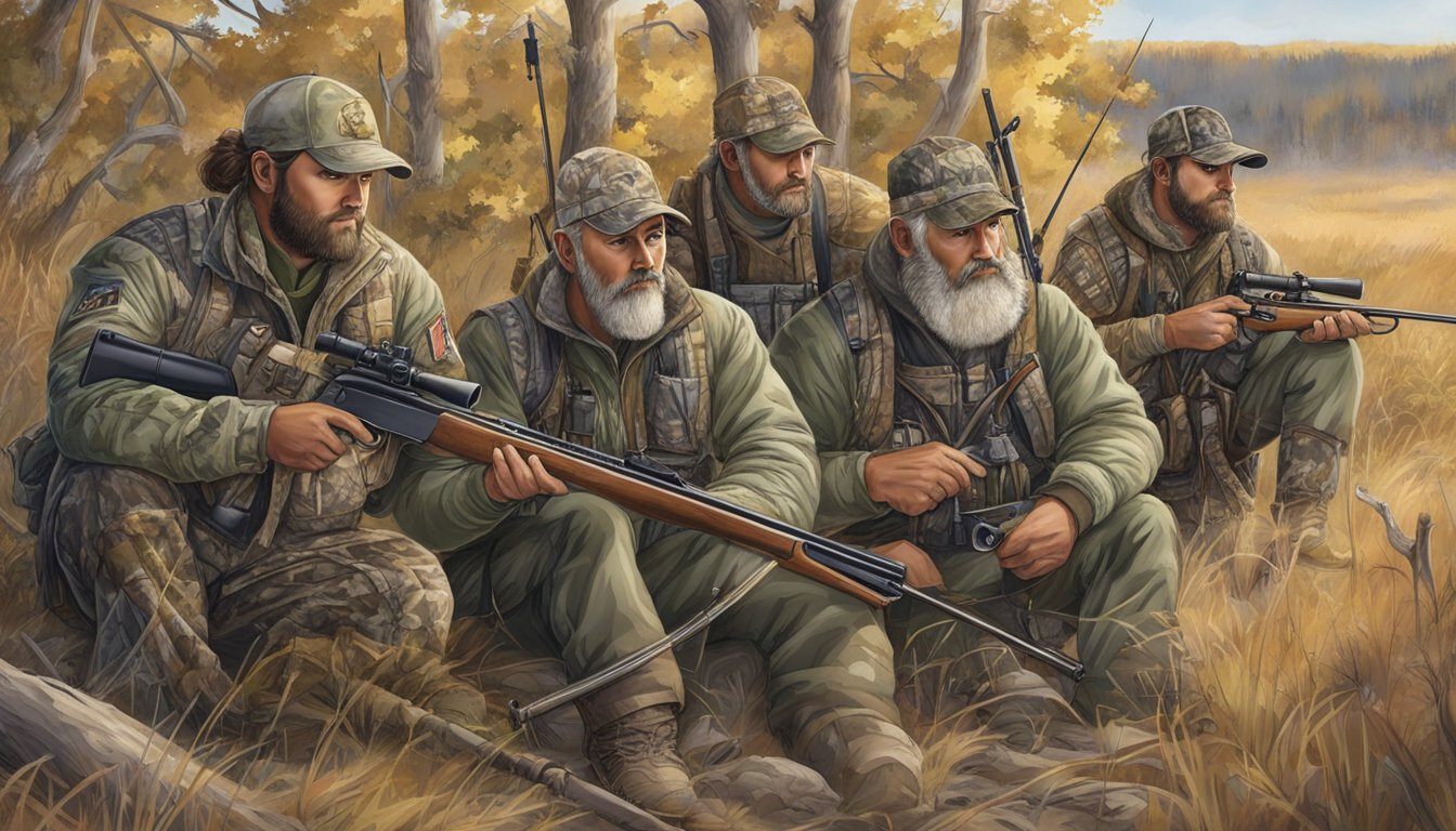 A group of hunters in camouflage gear gather for bow hunting season in the vast North Dakota wilderness. Licensing and Hunter Education requirements are displayed prominently