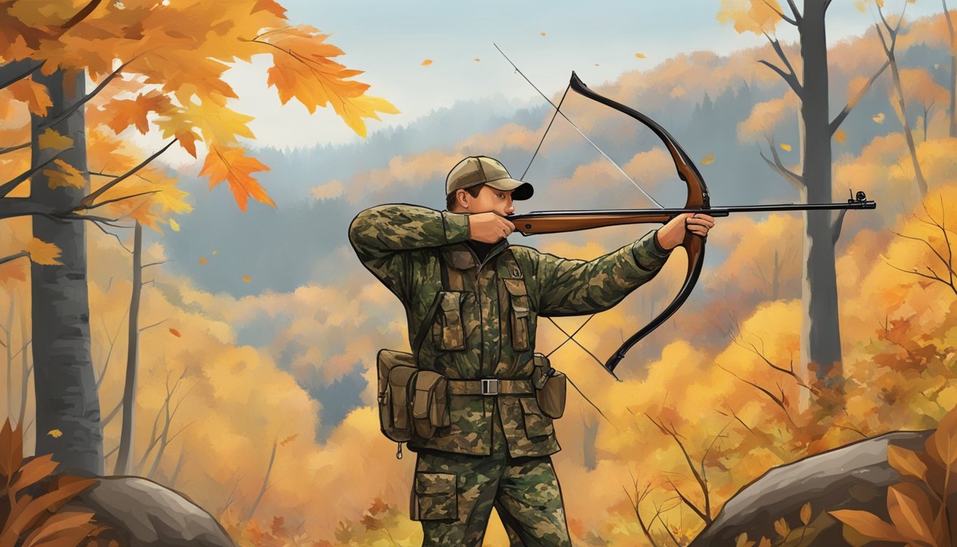 A hunter in camouflage drawing back a bow, surrounded by autumn foliage and wildlife in a Minnesota forest