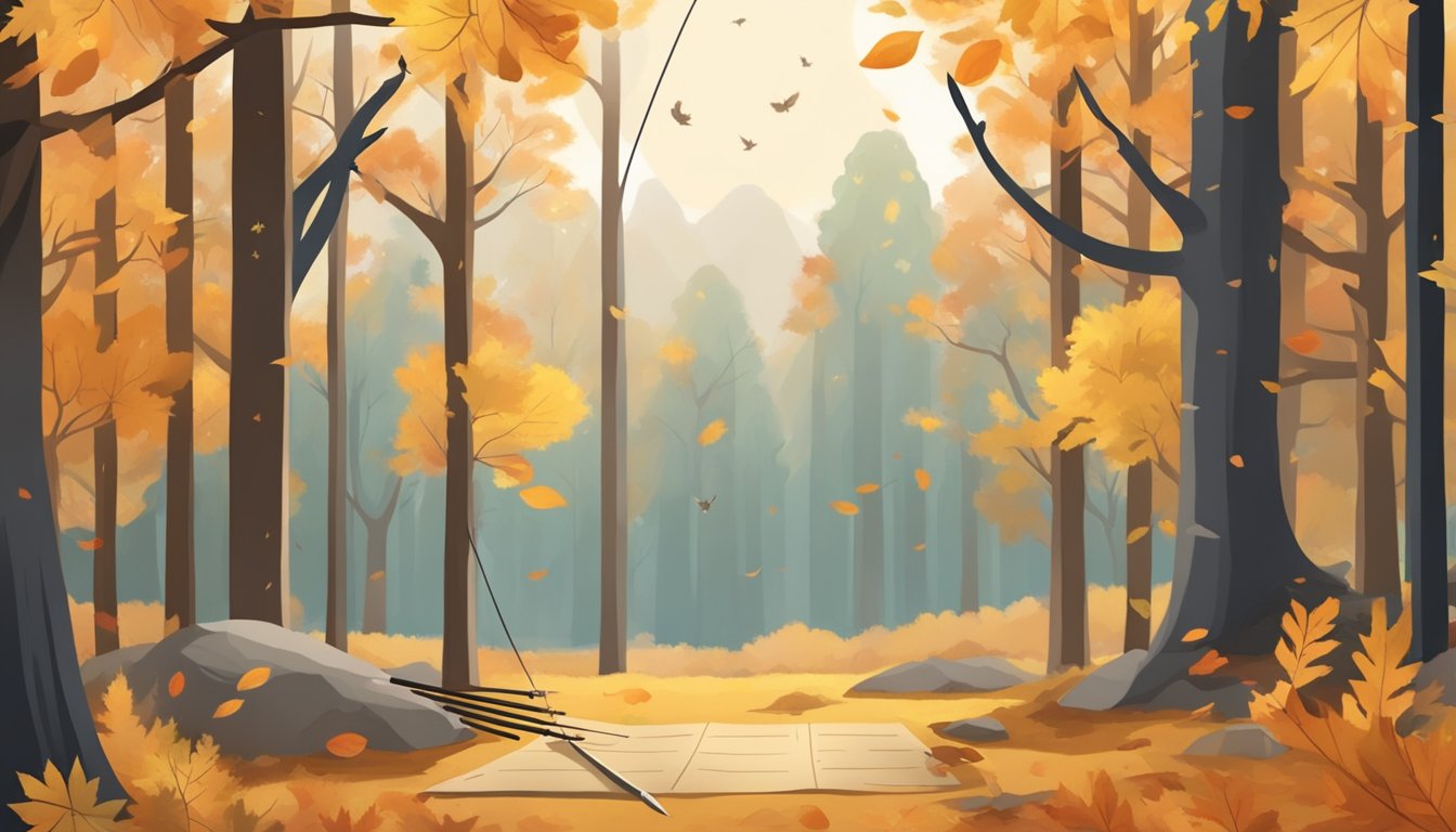 A serene forest clearing with a bow and arrow laid out, surrounded by autumn foliage and a calendar marking hunting season dates