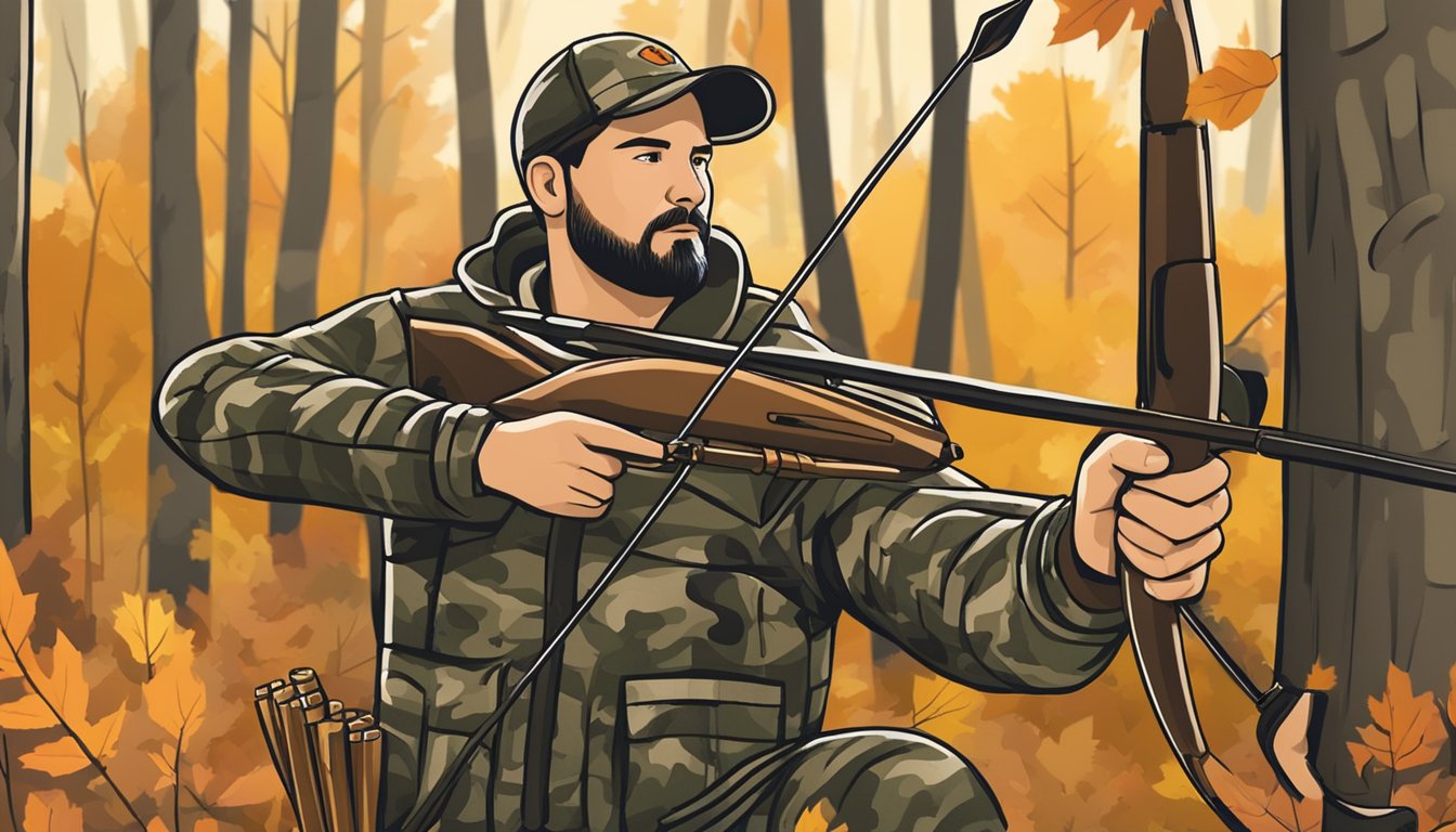 A hunter in camouflage holding a bow and arrow in a wooded area with fall foliage. A sign nearby reads "Bow Hunting Season - Licenses and Permits Required."