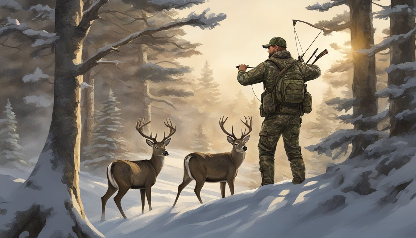 A hunter in camouflage attire carefully aims a bow at a deer in the North Dakota wilderness, mindful of regulations and legal aspects