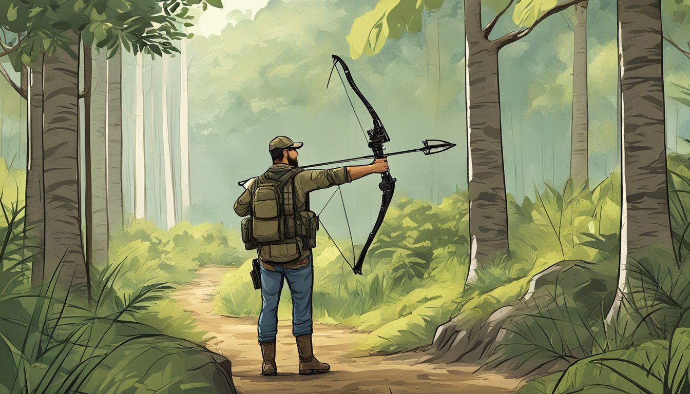 A hunter holding a bow and arrow while standing in a wooded area with signs indicating hunting licenses and permits required for bow hunting season in Puerto Rico