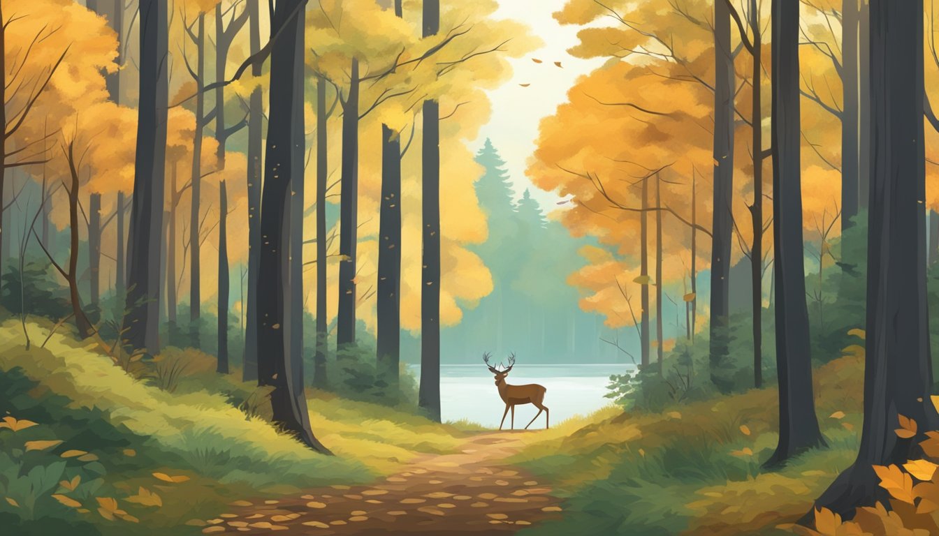 A dense forest with tall trees and fallen leaves, a small clearing with a deer trail, and a distant lake in the background