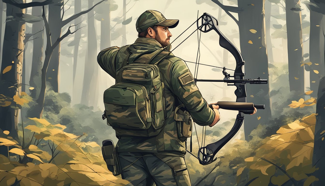 A hunter in camouflage stands in a forest clearing, aiming a compound bow at a target. Arrows and other hunting equipment are scattered around