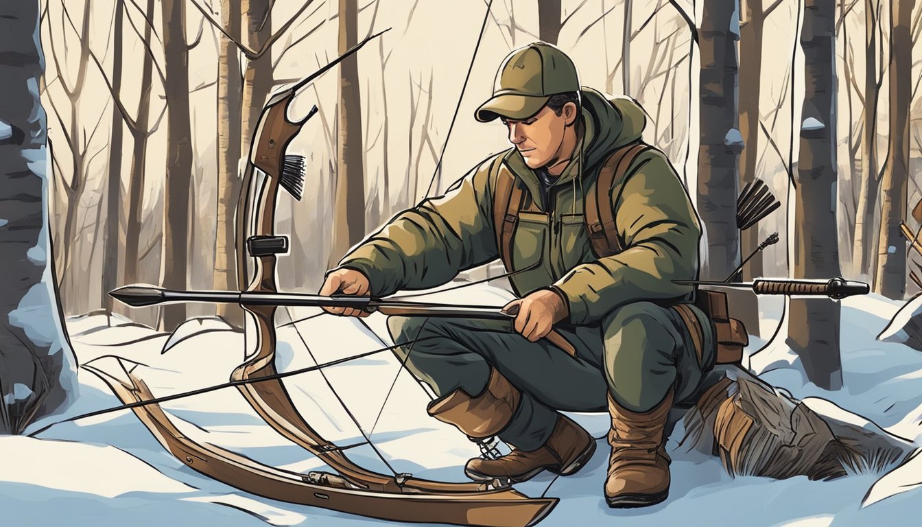 A hunter in Minnesota prepares their bow and arrows for the upcoming hunting season, ensuring that their equipment complies with state regulations