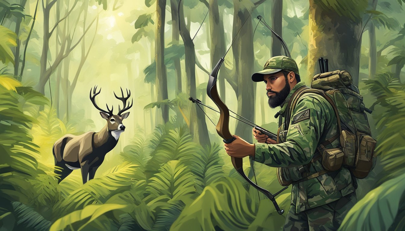 A hunter in camouflage gear aims a bow at a deer in a lush Puerto Rican forest during bow hunting season