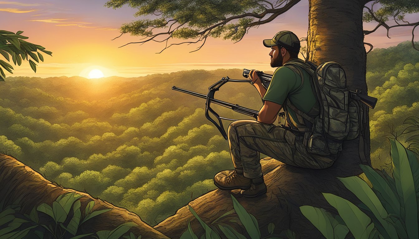 A hunter silently waits in a tree stand as the sun sets over a lush forest in Puerto Rico, showcasing the conservation and ethical aspects of bow hunting