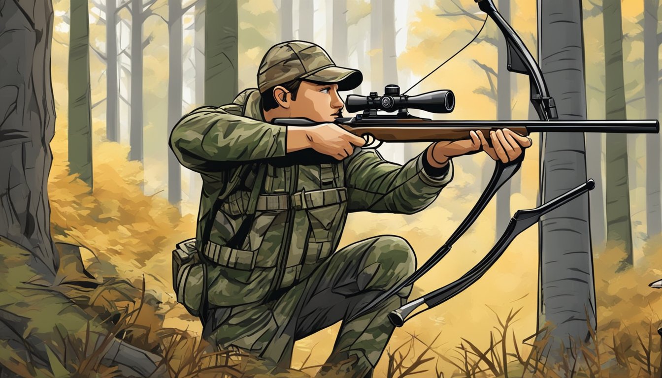 A hunter in camouflage draws a bow, aiming at a deer in a Minnesota forest clearing during bow hunting season