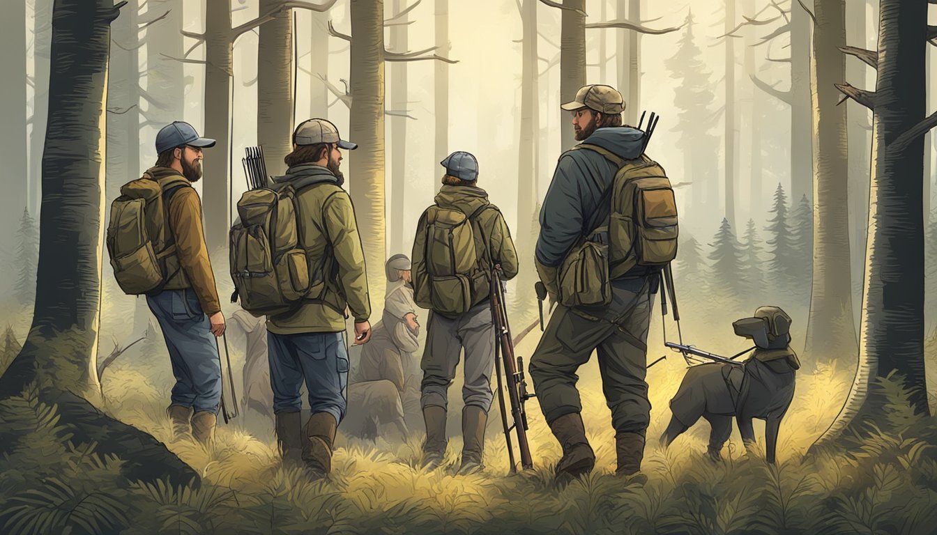 A group of bow hunters gather in a forest clearing, discussing hunting regulations and safety measures before heading out to pursue game