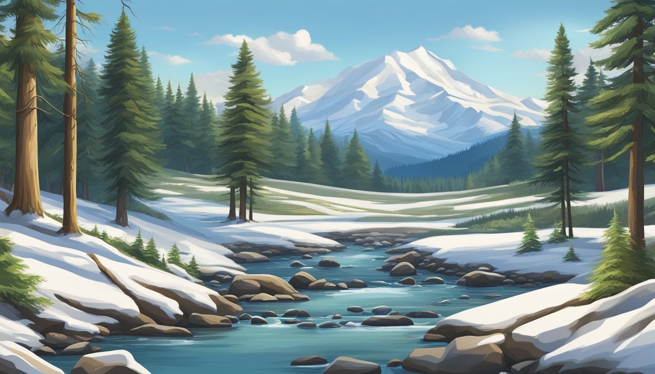 A serene forest clearing with tall evergreen trees, a trickling stream, and a backdrop of snow-capped mountains under a clear blue sky